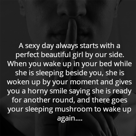 A sexy day always starts with a perfect beautiful girl by our side.
When you wake up in your bed while she is sleeping beside you, she is woken up by your moment and gives you a horny smile saying she is ready for another round, and there goes your sleeping mushroom to wake up again....